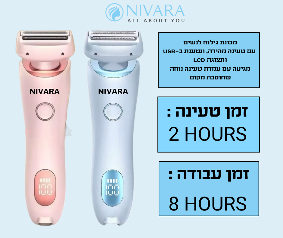 שתי מכונות גילוח חשמליות של NIVARA, ורודה וכחולה, מוצגות במאונך עם צגי LCD. טקסט בעברית מדגיש: ראש גילוח, טעינה USB, מסך LCD, טעינה של שעתיים, 8 שעות שימוש. מוצר: מכונת גילוח 2 ב-1 עם ראש אפילטור. לוגו המותג בחלק העליון.