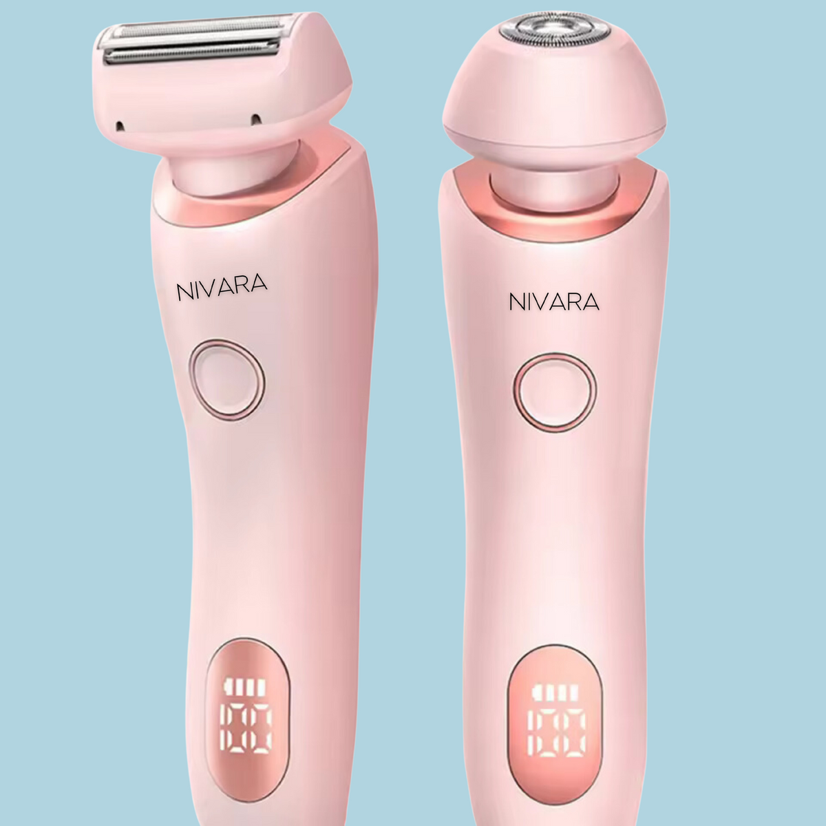 שני מכונות גילוח חשמליות NIVARA 2 ב-1 עם ראשי אפילציה מיוחדים מוצגות על רקע תכלת, ומציעות פתרון לעור חלק מעבר לגילוח רגיל.