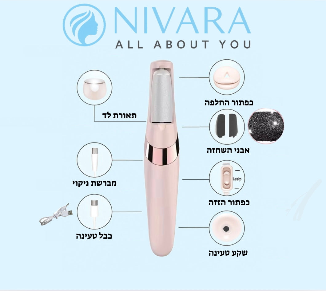 מסיר עור חשמלי אלחוטי מבית NIVARA עם תאורת LED וסוללה חזקה, כולל ראשים להחלפה, כבל טעינה, מברשת ניקוי ונרתיק—לרגליים חלקות ורכות. “NIVARA ALL ABOUT YOU” מופיע למעלה.