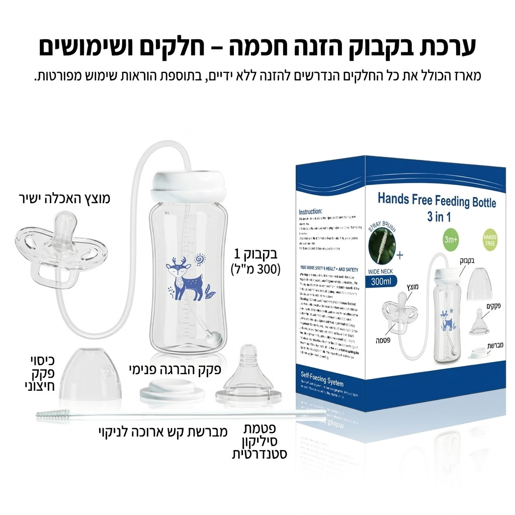 FeedEase Pro —  מארז בקבוק האכלה לתינוק עם צינור גמיש, להאכלה נוחה גם כשאין לך ידיים פנויות