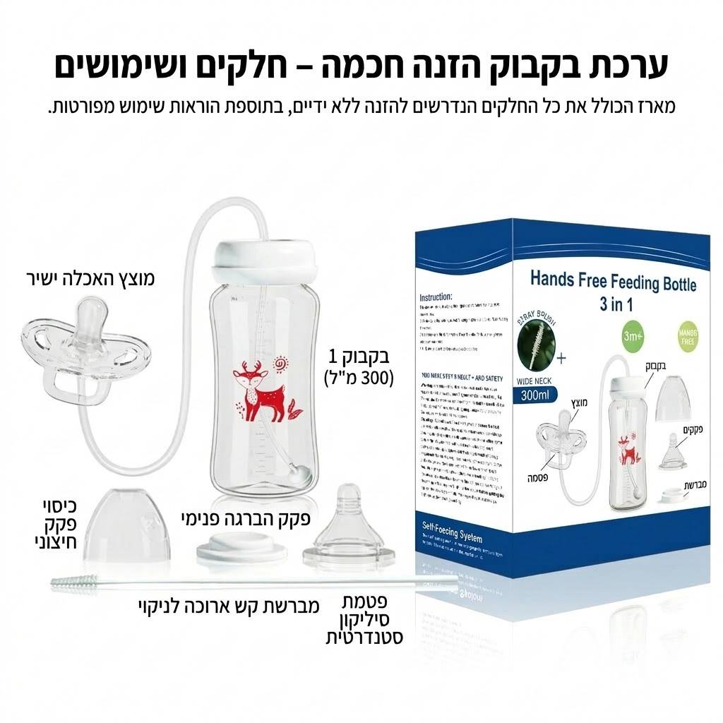 FeedEase Pro —  מארז בקבוק האכלה לתינוק עם צינור גמיש, להאכלה נוחה גם כשאין לך ידיים פנויות