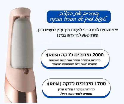 תמונה צדדית של מסיר עור חשמלי אלחוטי עם תאורת LED וסוללה חזקה של NIVARA מוצגת, עם טקסט בעברית המסביר שתי מהירויות: 2000 סל"ד לפילינג, 1700 סל"ד לטיפול עדין. עיצוב כחול ולבן — מושלם לפדיקור ביתי!.