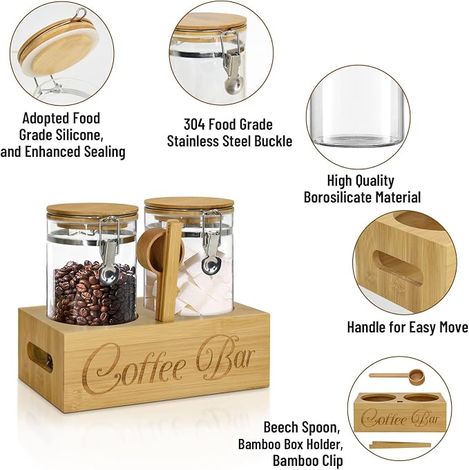 סט צנצנות זכוכית אטומות לקפה וסוכר עם מעמד במבוק וכף מדידה