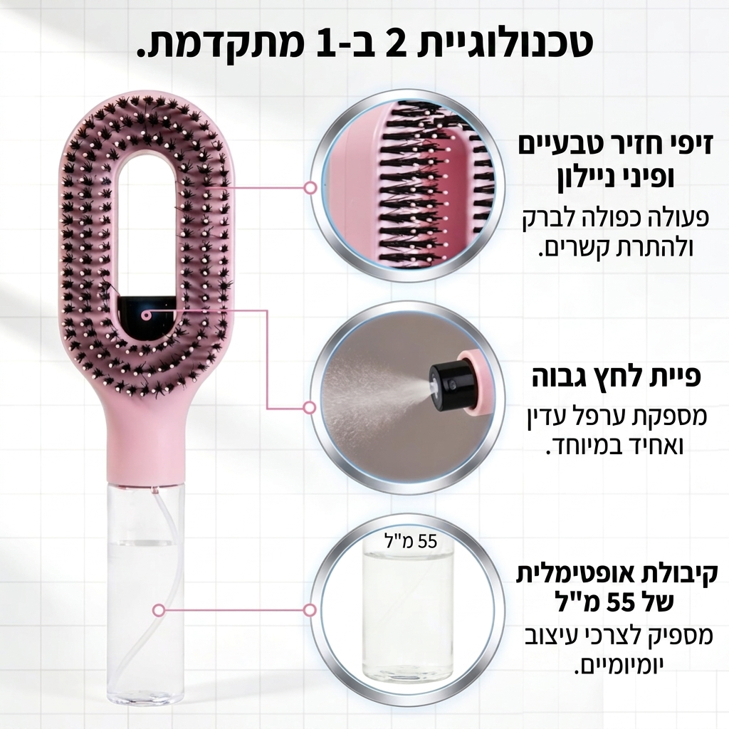 BrushFlow – מברשת שיער עם ריסוס מובנה להתרת קשרים