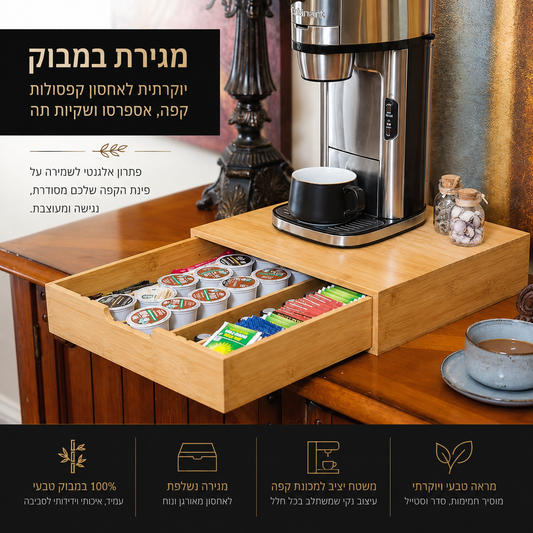 מגירת במבוק לקפסולות קפה עם מעמד למכונה