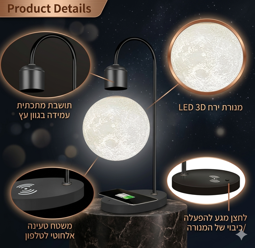 LunaFloat™ – מנורת ירח מרחפת עם טכנולוגיית ריחוף מגנטי